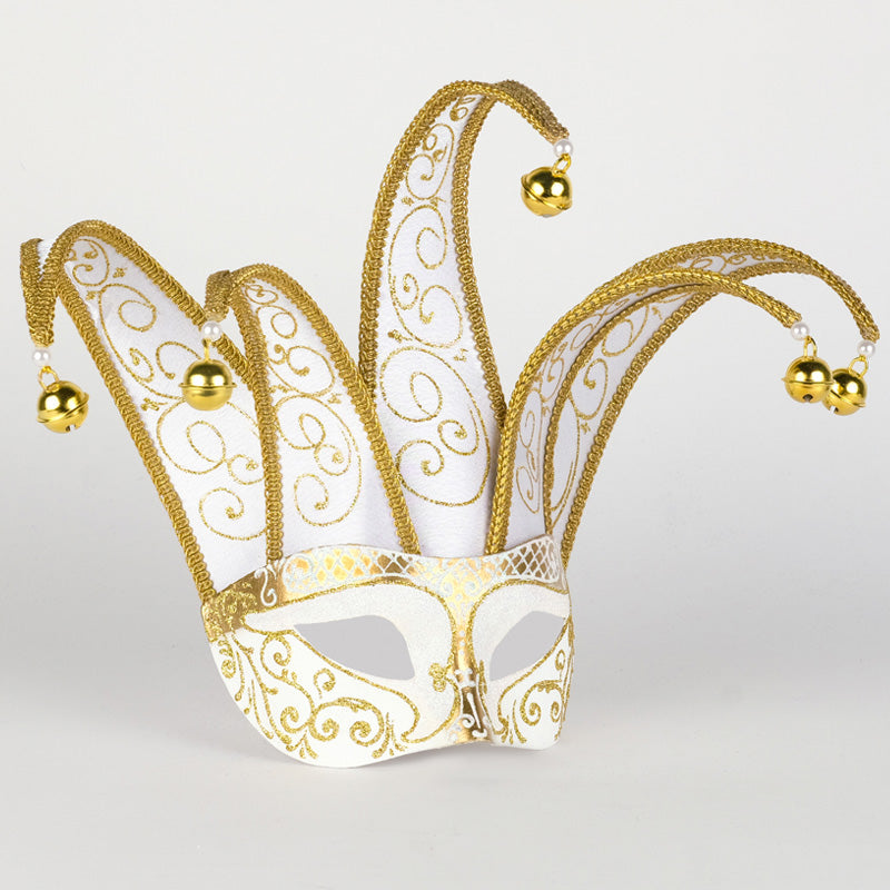 Angled view of Colombina Jolly Brillante White Venetian jester mask