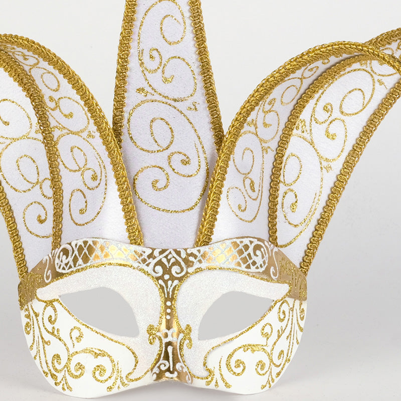 Close-up of Colombina Jolly Brillante White Venetian mask with gold detailing
