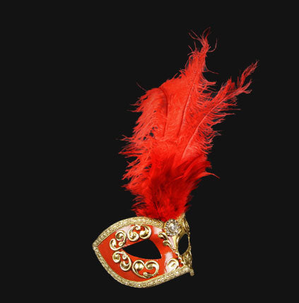 Angled view of Colombina Piume Mezza Red Venetian feather mask