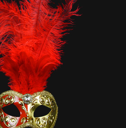 Close-up of Colombina Piume Mezza Red Venetian mask with gold detailing