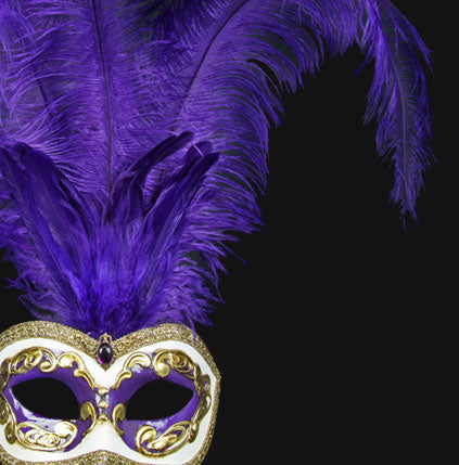 Close-up of Colombina Piume Occhi Purple Venetian mask with gold detailing