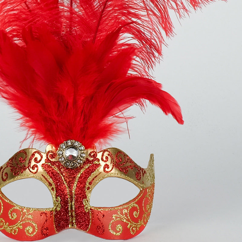 Close-up of Colombina Piume Stella Gold Red mask with ornate detailing